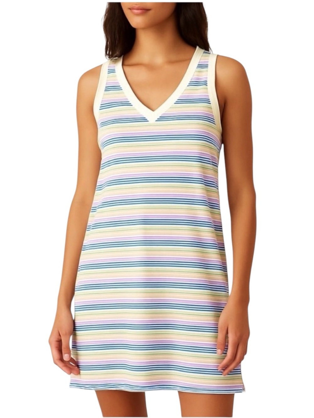 Pact Organic Cotton Sleeveless V-Neck Cream Stripe Mini Dress LARGE